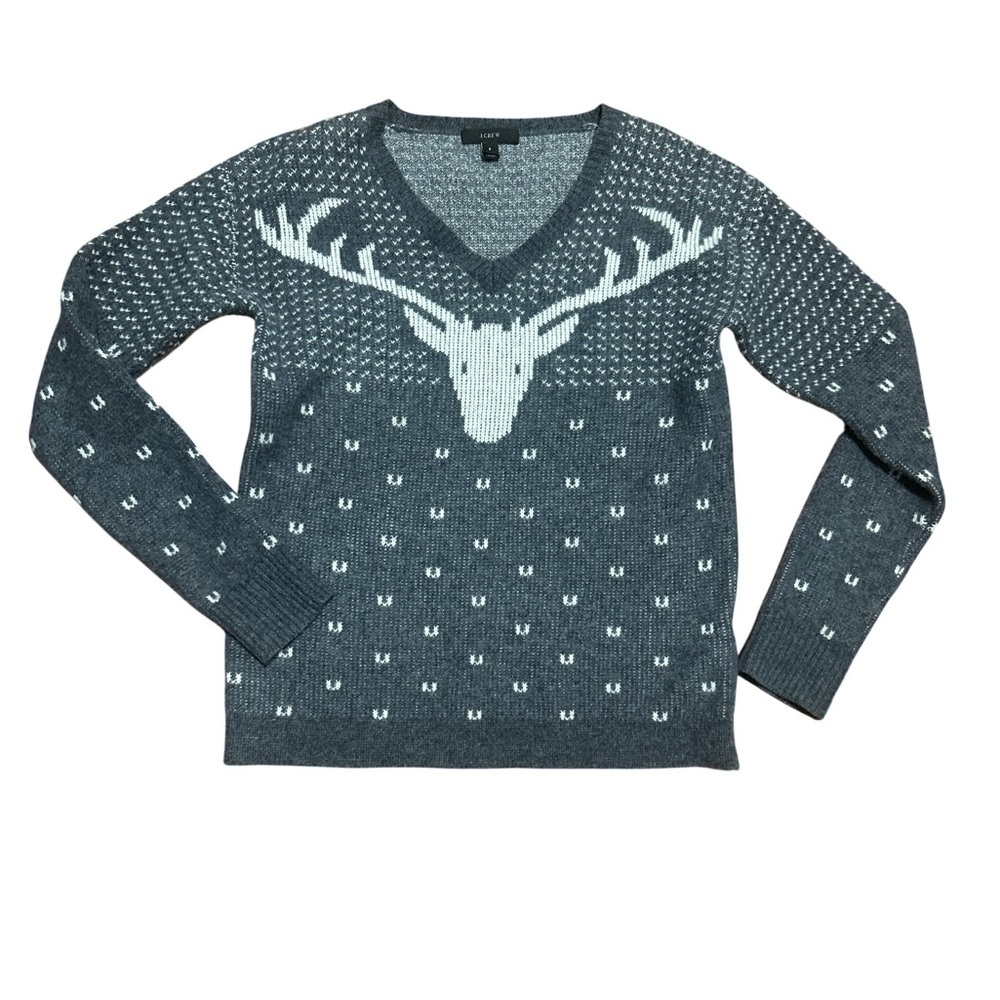 J.Crew 100% Wool Reindeer Sweater Gray White V Neck Nordic Small - Picture 2 of 9